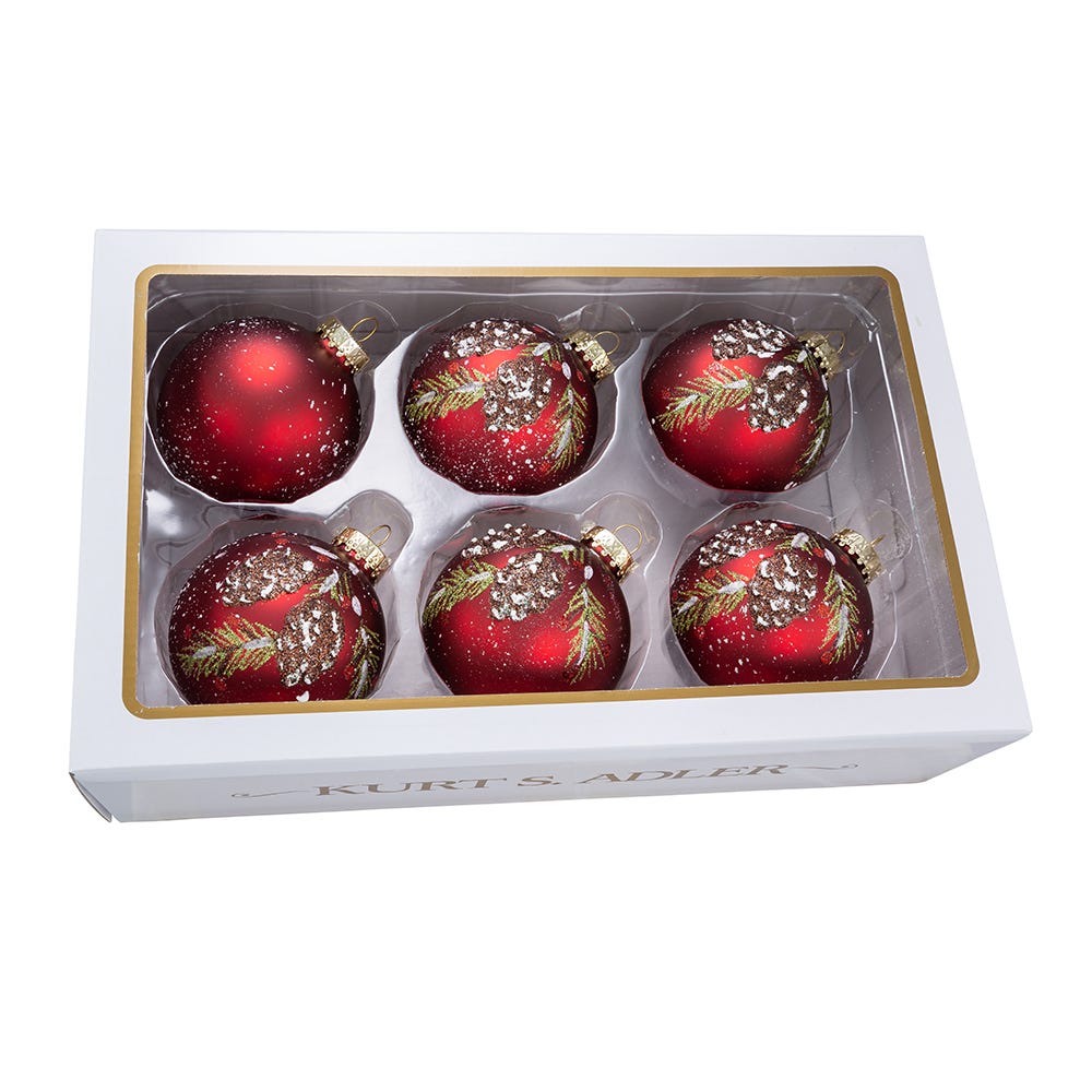 Kurt Adler 80MM Glass Red With Pinecone Design Ball Ornaments, 6 Piece Box Set